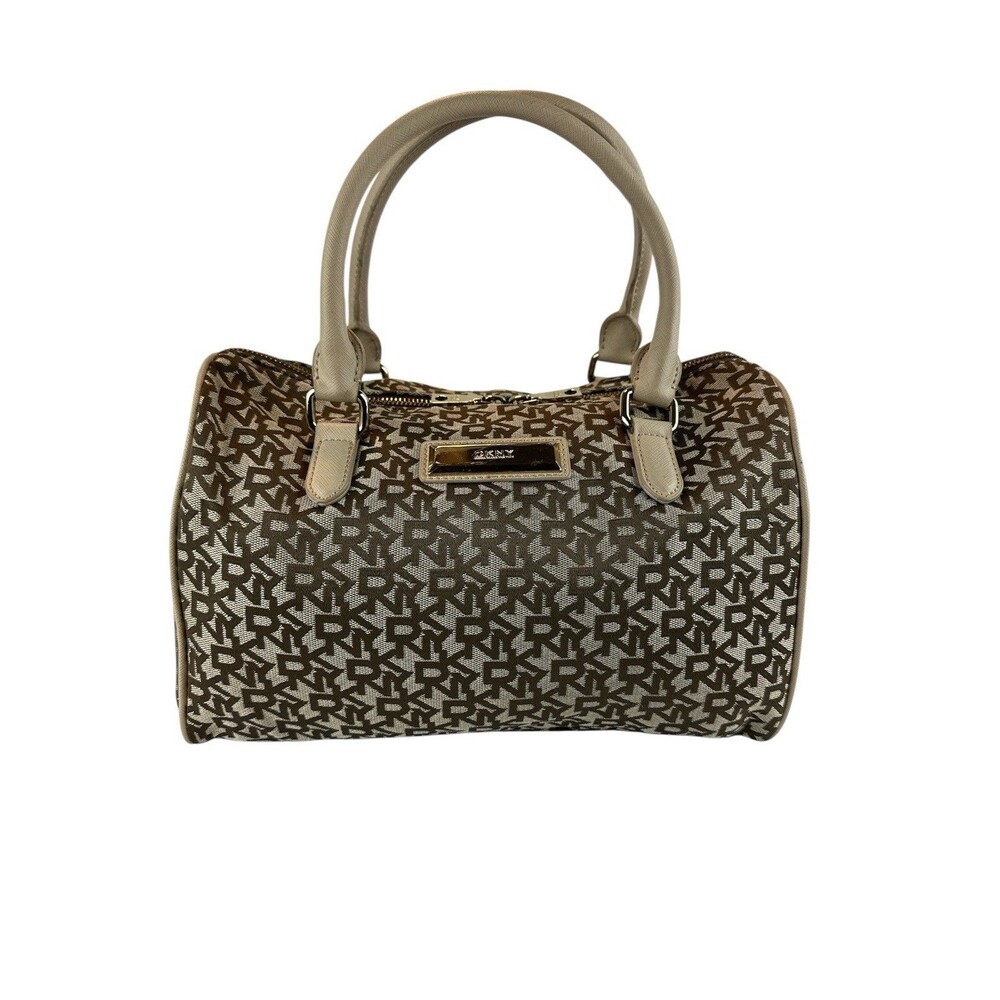 DKNY Monogram Satchel Brown Tan Gold Double Zip Pulls Handbag